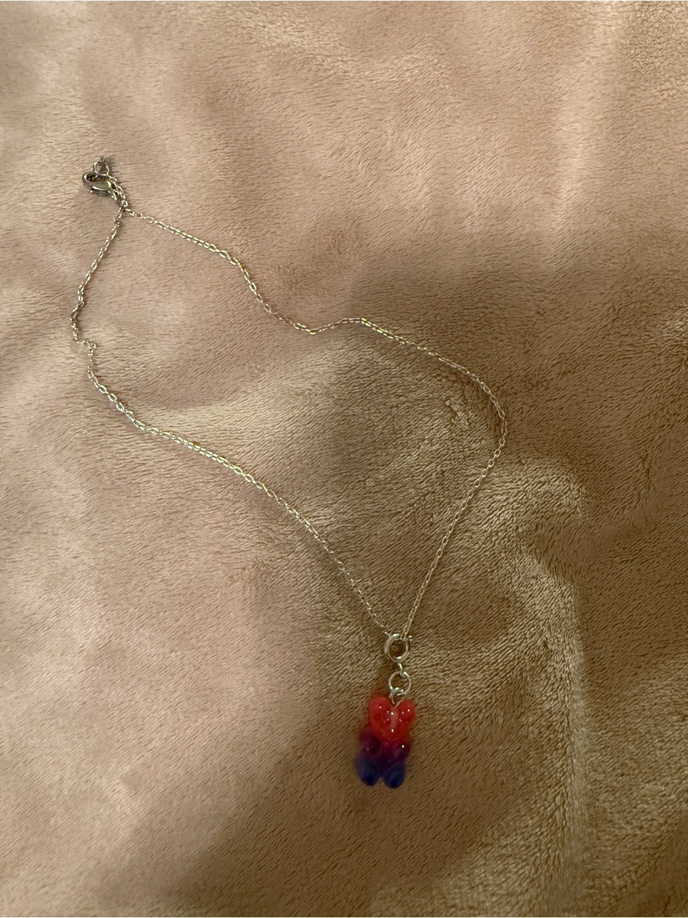 Silver Necklace with Red to Purple Gummy Bear Pendant